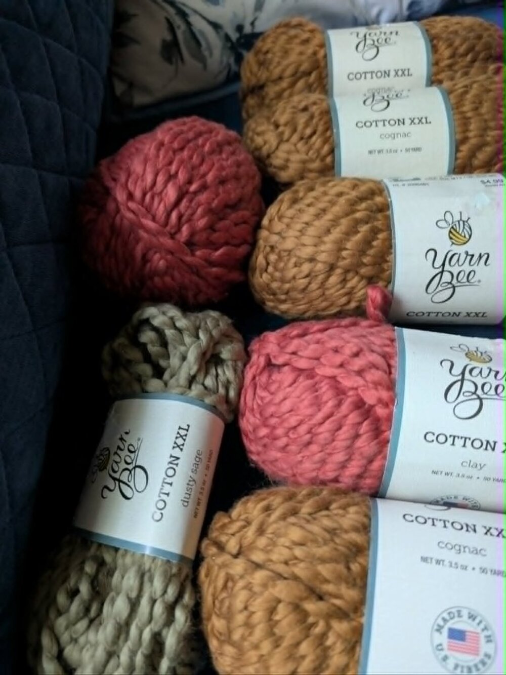 Yarn Bee Cotton XXL- Lot Of 6 Plus, clay, cognac,  and dusty sage